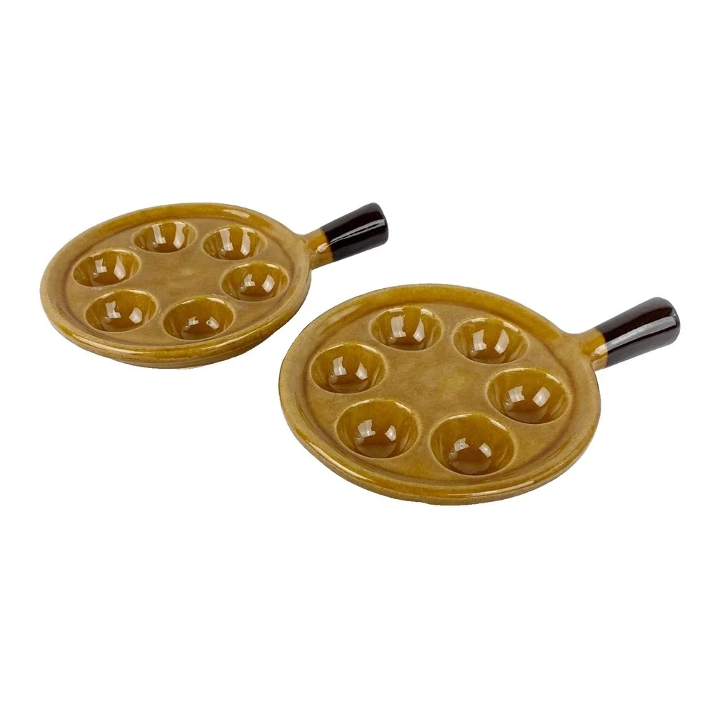 Escargot 2 Baking Dishes w Handles Vintage Brown USA Made Snail Mushroom Perfect